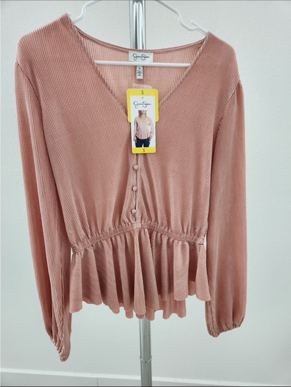 Jessica Simpson Ladies' Textured Top, Long Sleeve Cinched Waist Peach Beige NWT